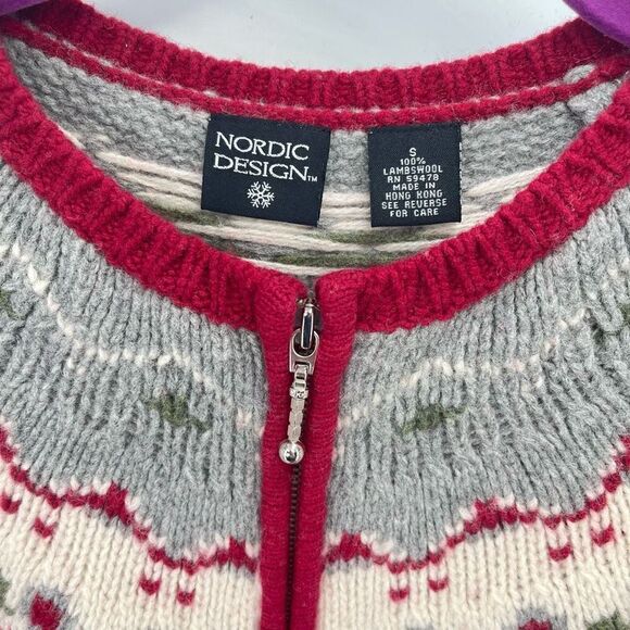 Nordic Design fair isle Full Zip Cardigan Sweater Long Sleeve Wool Red Small - Picture 3 of 10
